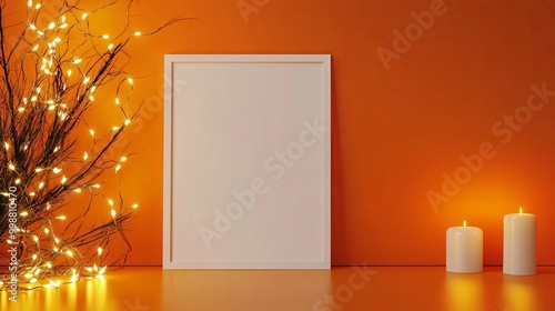 Minimalist studio backdrop featuring a blank white frame against a vibrant orange wall adorned with white fairy lights. Ideal for showcasing products or creating a festive Halloween atmosphere. 