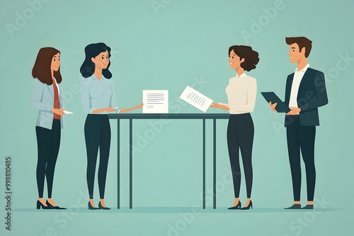 Professionals Passing Contract Document Across Negotiation Table in Flat Design