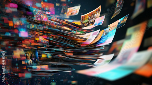 A dynamic representation of digital media with vibrant images and data flowing, symbolizing information overload, content sharing, and technology.
