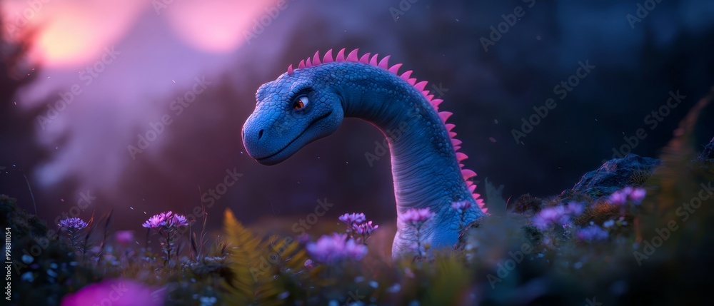 A tight shot of a blue dinosaur amongst flowers, trees behind, pink backdrop sky A tight shot of a blue dinosaur amongst flowers, trees behind, pink backdrop sky