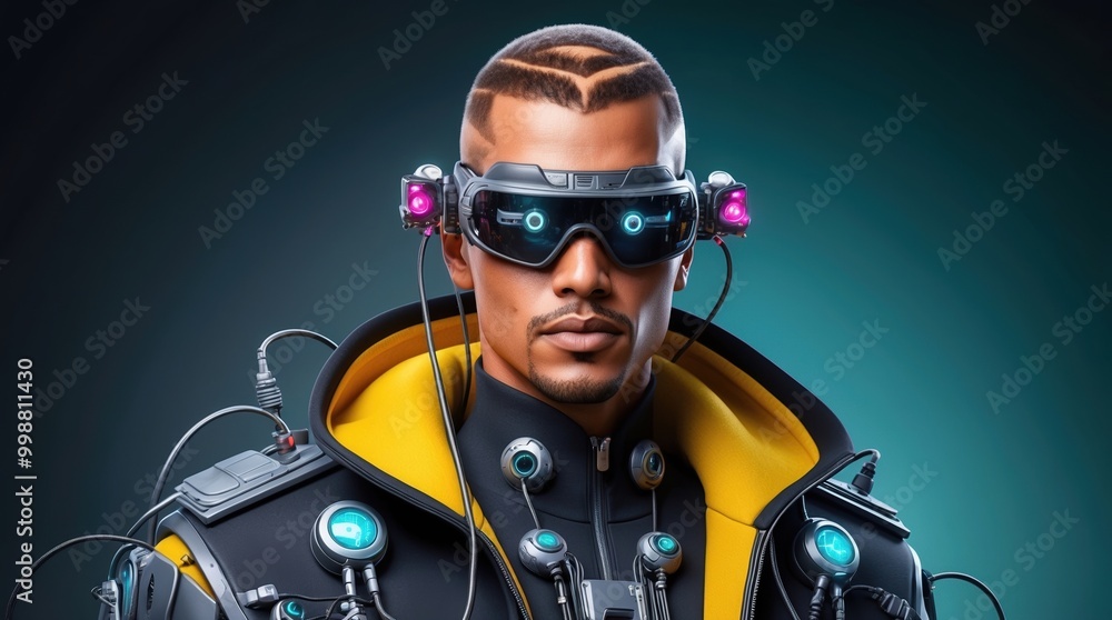 A striking figure stands confidently, adorned in a cutting-edge jacket with vibrant accents, high-tech goggles, and a stylish hairstyle. The atmosphere radiates innovation and creativity A striking figure stands confidently, adorned in a cutting-edge jacket with vibrant accents, high-tech goggles, and a stylish hairstyle. The atmosphere radiates innovation and creativity