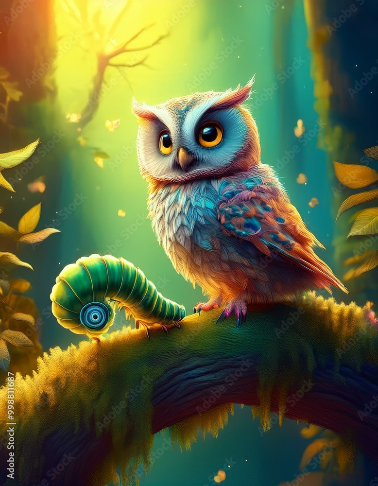 Naklejka premium Enchanted Forest Scene with Colorful Owl and Snail
