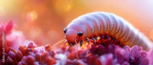  A tight shot of a caterpillar atop a bloom, surrounded by an out-of-focus backdrop of pink and purple blossoms