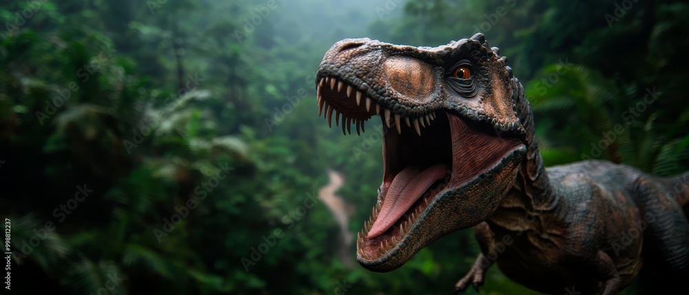 A tight shot of a T-shirt featuring a gaping dinosaur mouth against a backdrop of a forest scene A tight shot of a T-shirt featuring a gaping dinosaur mouth against a backdrop of a forest scene
