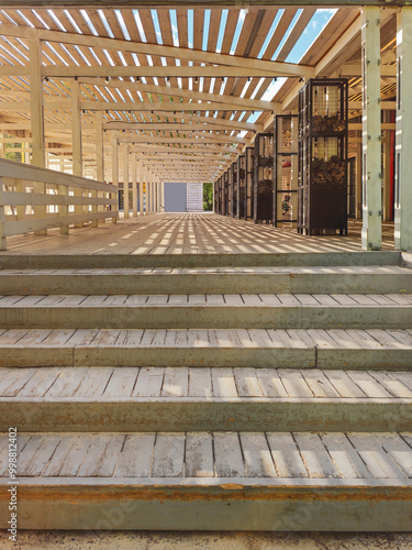 Front view of a staircase. Wood terrace on wooden house.