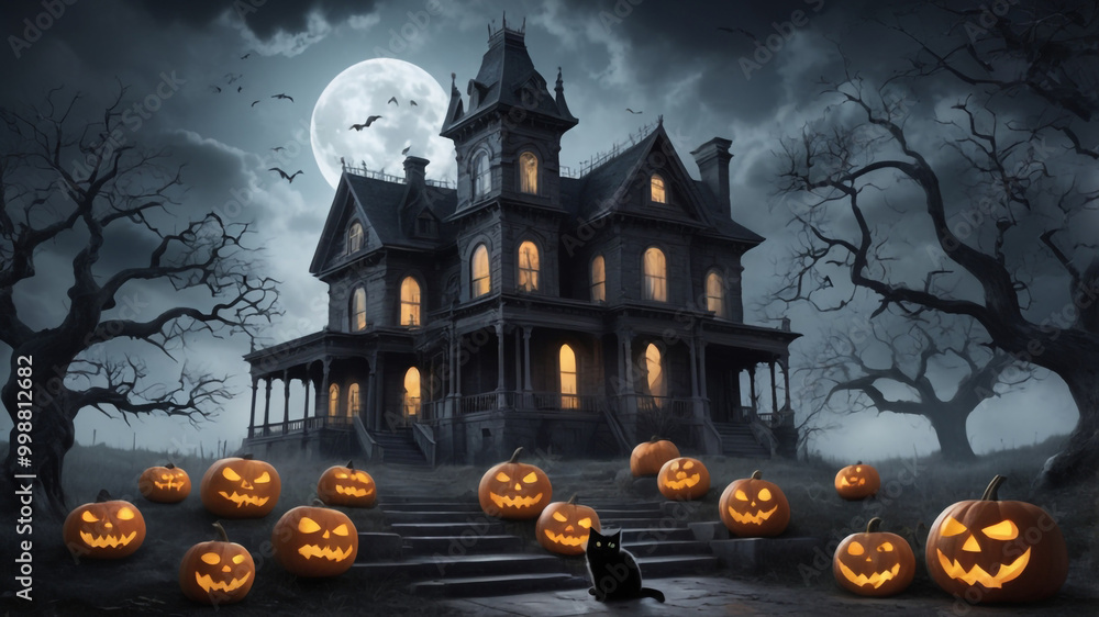 A Halloween Night scene with pumpkins and a house with a full moon behind it. A Halloween Night scene with pumpkins and a house with a full moon behind it.
