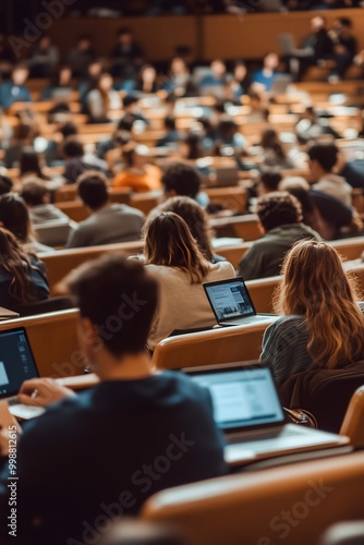 Lecture hall filled with engaged students listening to a professor, with notes on laptops and notebooks