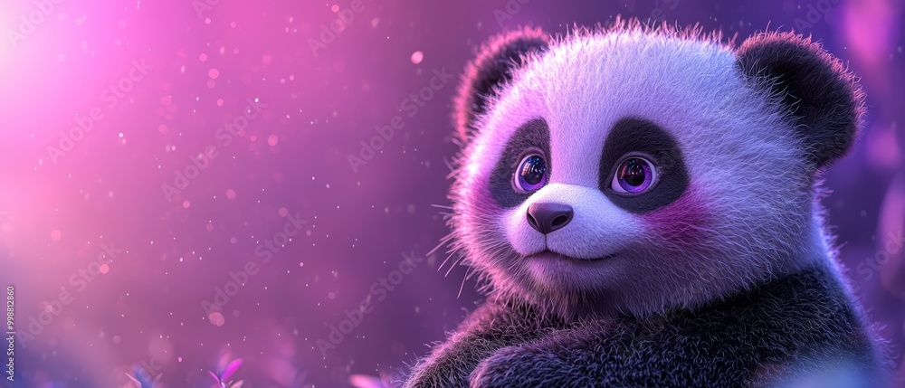 A tight shot of a panda against a purple-pink backdrop, with a hazy flower arrangement in the foreground A tight shot of a panda against a purple-pink backdrop, with a hazy flower arrangement in the foreground