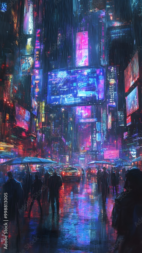 Obraz premium A rainy night in a futuristic city, glowing with neon lights and bustling with activity.