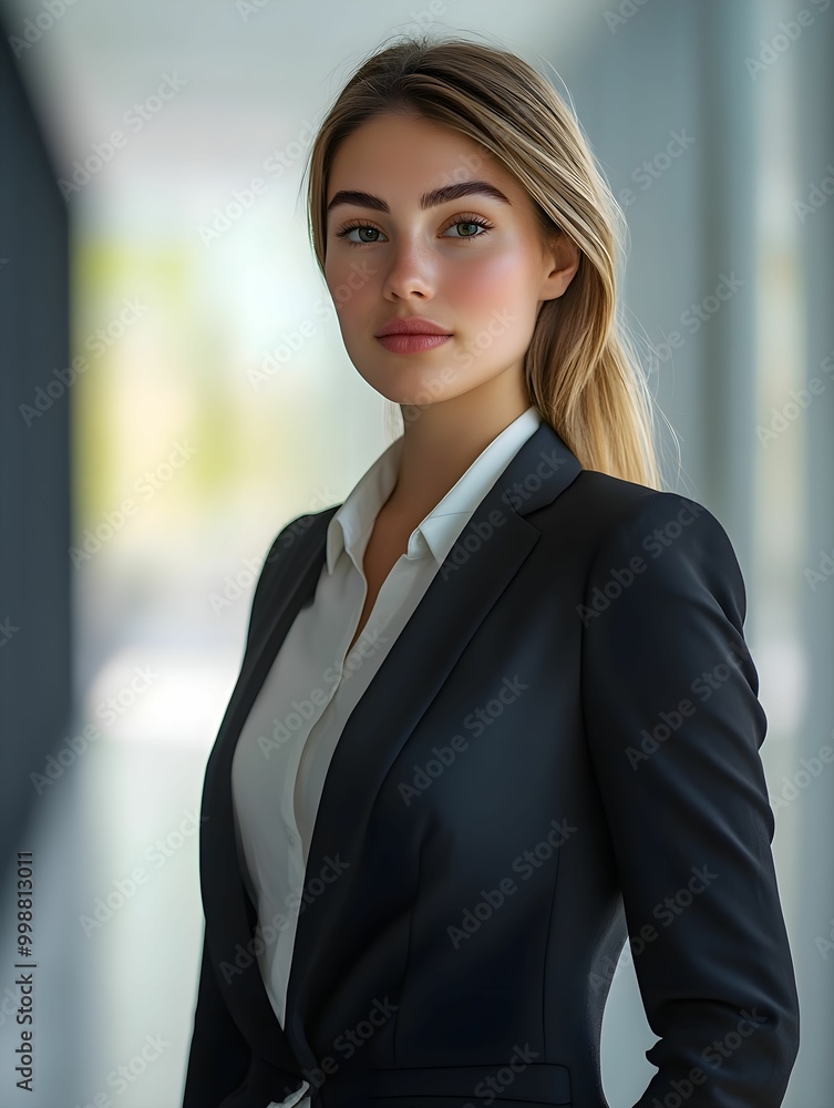 portret, zbliżenie, pewna siebie, profesjonalna kobieta, garnitur, biurowiec, szkło, tablet, przeglądanie danych, prezentacja, nowoczesna architektura, korporacyjny świat, rozmyte postacie, biznes, sz