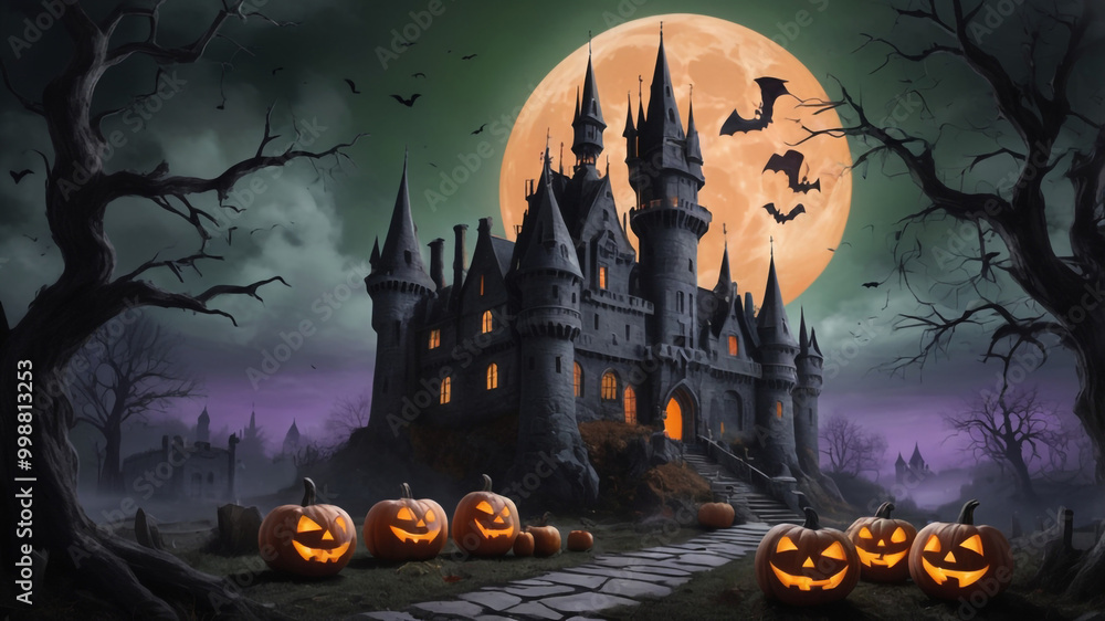 A Halloween Night scene with pumpkins and a house with a full moon behind it. A Halloween Night scene with pumpkins and a house with a full moon behind it.