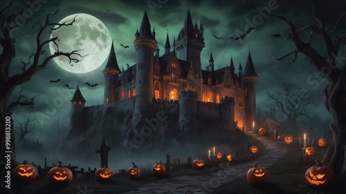 A Halloween Night scene with pumpkins and a house with a full moon behind it. photo