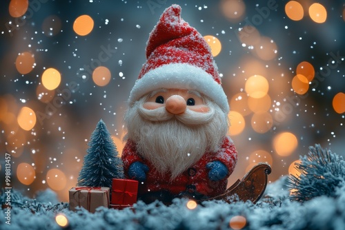 Christmas decoration with Santa Claus toy and gift box on bokeh background. Santa Claus on a small wooden sleigh with gifts. Christmas greeting card.