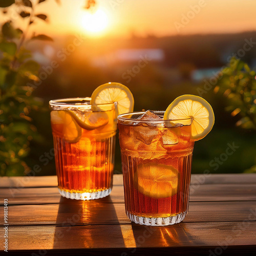 Two glasses of iced tea with lemon slices - square photo