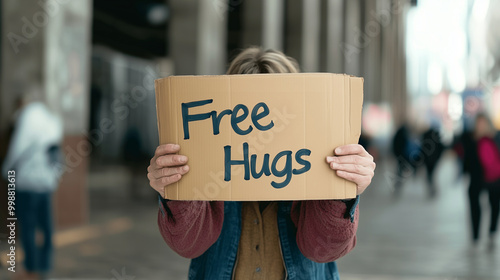 Wallpaper Mural Person holding a sign that says "Free Hugs" at a public square, spreading joy and connection, acts of kindness, community service, positivity, connection Torontodigital.ca
