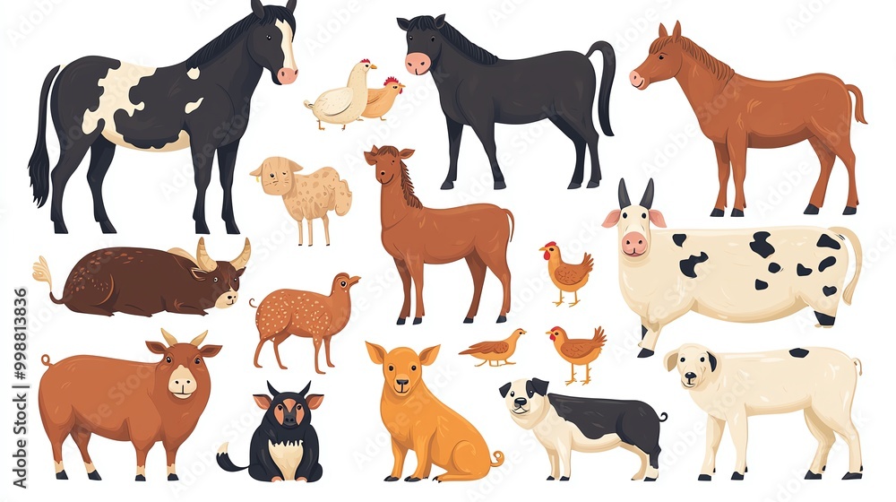 Fototapeta premium Collection of farm animals such as a horse, cow, pig, goat, hen, and dog, illustrated in flat style on a white background, Farm Animals, Rural countryside fauna