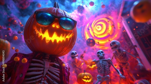 Halloween party poster with cartoon pumpkin character