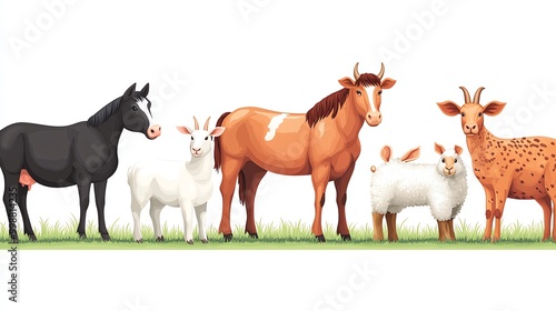 Flat vector illustration of rural domestic livestock including a horse, cow, pig, goat, sheep, and rabbits, Farm Animals, Farm animal set on white background