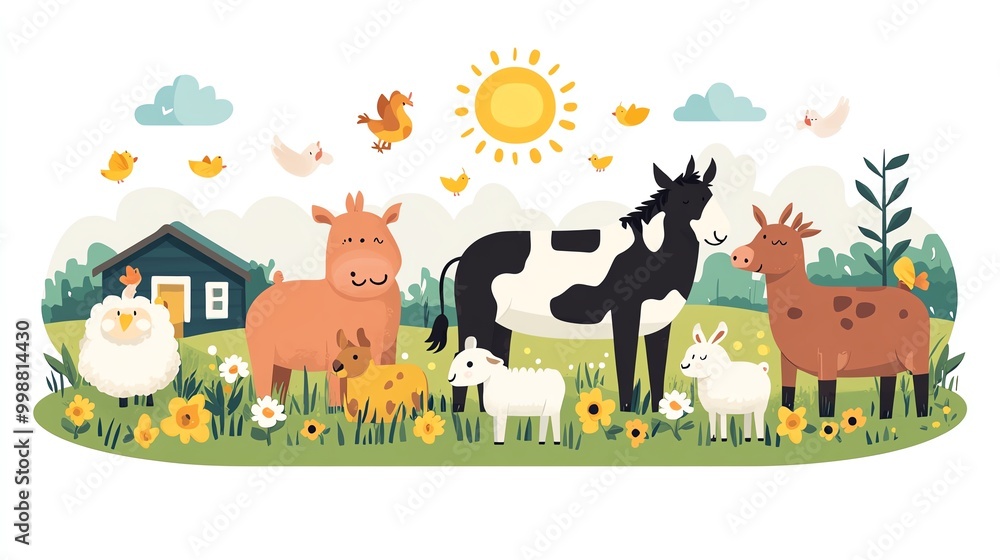 Naklejka premium Rural farm animal set with a horse, cow, pig, sheep, goat, chickens, and rabbits in flat style, Farm Animals, Domestic countryside fauna