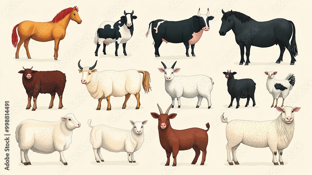 Set of farm animals in flat style including a horse, cow, pig, goat, sheep, and chickens, Farm Animals Collection, Rural domestic livestock Set of farm animals in flat style including a horse, cow, pig, goat, sheep, and chickens, Farm Animals Collection, Rural domestic livestock