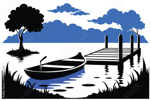 A quiet riverbank, with a blue rowboat tied to a wooden dock vector illustration white background G.eps