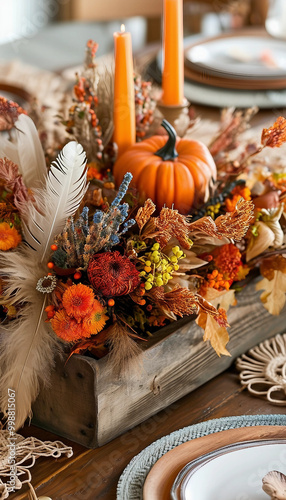 A beautifully crafted autumn centerpiece featuring pumpkins, candles, and seasonal foliage. Perfect for enhancing fall table settings with a cozy, rustic charm.

 photo