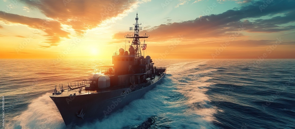 Fototapeta premium Military Ship at Sunset