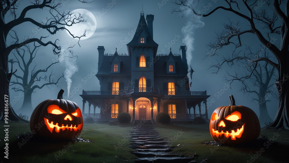 A Halloween Night scene with pumpkins and a house with a full moon behind it. A Halloween Night scene with pumpkins and a house with a full moon behind it.