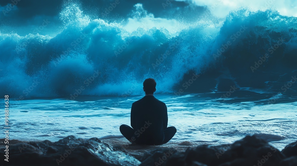 An illustration of a man sitting on a rock at the beach looking out to the ocean of crashing waves, well being, outdoors, mental health concept An illustration of a man sitting on a rock at the beach looking out to the ocean of crashing waves, well being, outdoors, mental health concept