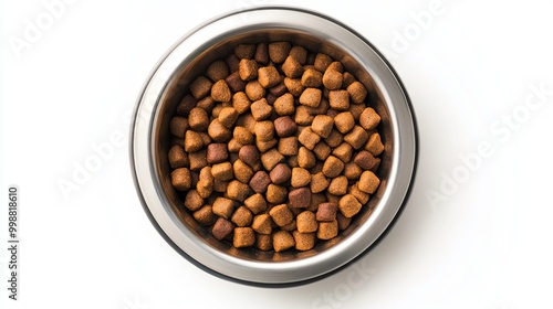 A bowl filled with dry pet food, isolated on white background, top view,