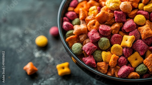 A bowl filled with vibrant, colorful dry pet food, a variety of shapes and textures for a pet's diet.