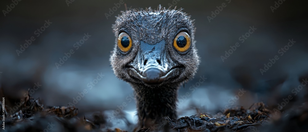Close-up of an ostrich's face against a black backdrop Blurred ostrich head image Close-up of an ostrich's face against a black backdrop Blurred ostrich head image