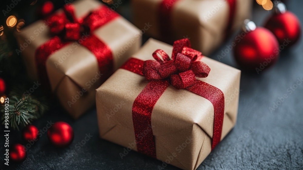 Beautifully wrapped Christmas presents with red bows and ornaments under festive tree lights Beautifully wrapped Christmas presents with red bows and ornaments under festive tree lights