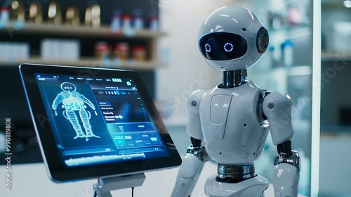 A humanoid robot stands beside a touchscreen display, showcasing advanced technology and interface design.