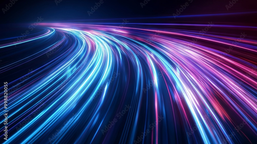 Abstract glowing lines on dark background illustrating high-speed optical fiber data transmission. Abstract glowing lines on dark background illustrating high-speed optical fiber data transmission.