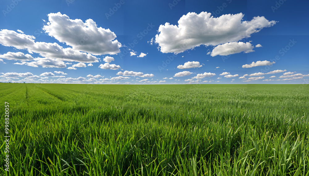 Obraz premium Champs verts sous un ciel bleu parsemé de nuages