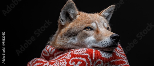  A tight shot of a dog wearing a blanket on its head against a black backdrop photo