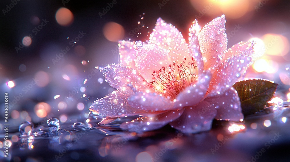 Close-up photo of pink bloom with water beads on petals, green foliage behind Close-up photo of pink bloom with water beads on petals, green foliage behind