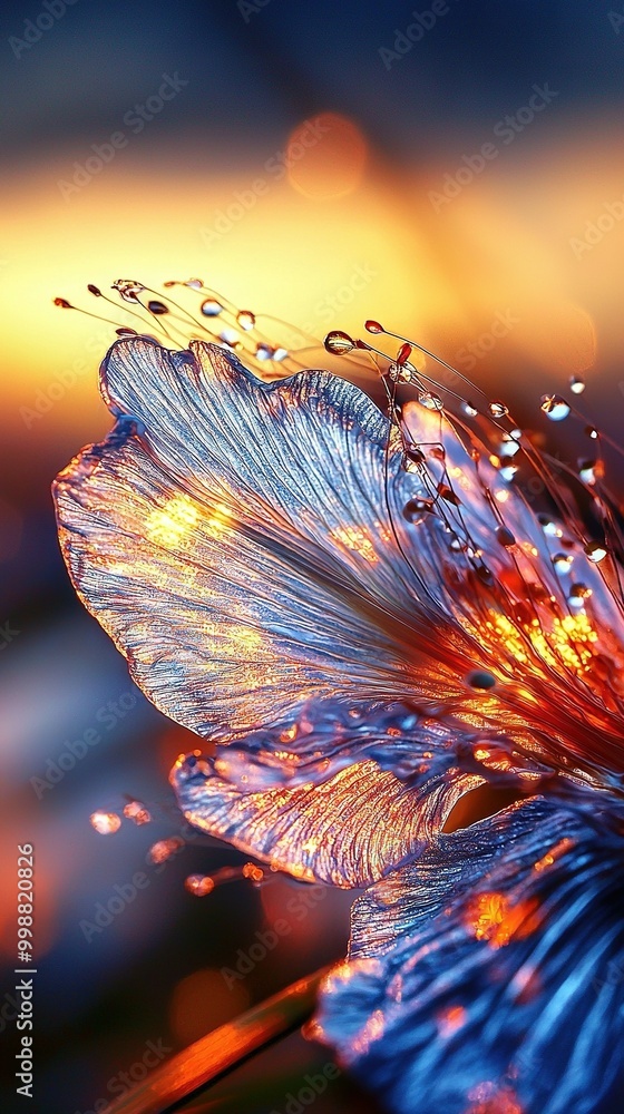 A zoomed-in image of a vivid blue blossom adorned with water droplets, set against a hazy backdrop of sky A zoomed-in image of a vivid blue blossom adorned with water droplets, set against a hazy backdrop of sky