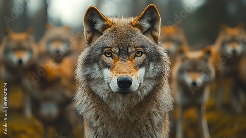 Close-up of a wolf in a flock, looking at the camera, with other wolves in the background, soft background, peaceful forest landscape