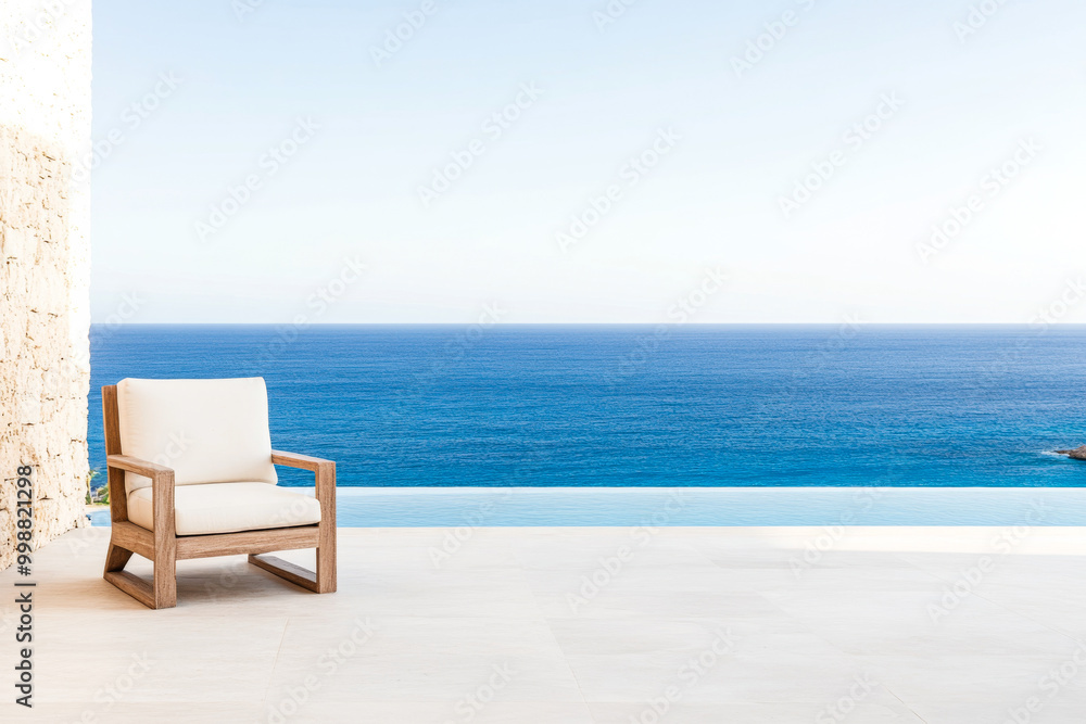 A serene coastal view from a modern patio with a wooden chair overlooking the tranquil blue ocean at sunset A serene coastal view from a modern patio with a wooden chair overlooking the tranquil blue ocean at sunset
