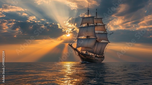 Fototapeta Naklejka Na Ścianę i Meble -  Backlit sails of a traditional tall ship on the atlantic, with copy space