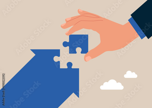 Hand put last piece of jigsaw puzzle to complete rising up arrow metaphor of growth.Growth strategy, solving problem to success in work, solution or growing business. Flat vector illustration 