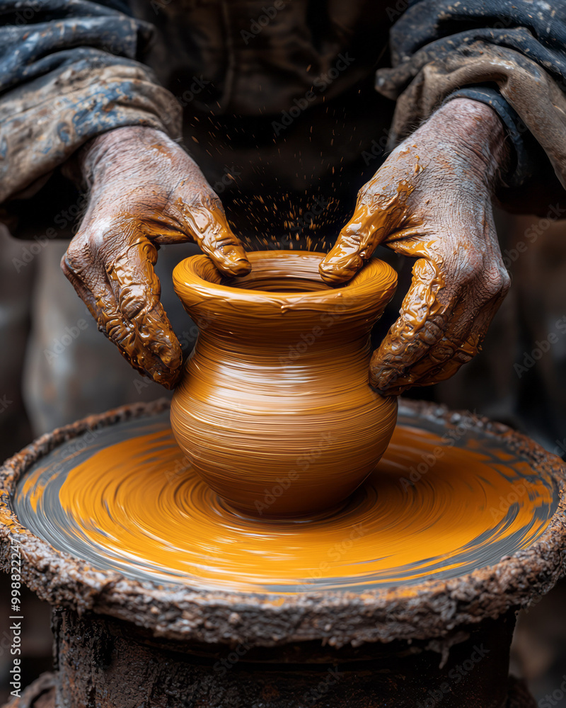 A potter’s hands working with clay on a spinning wheel, A potter’s hands working with clay on a spinning wheel,