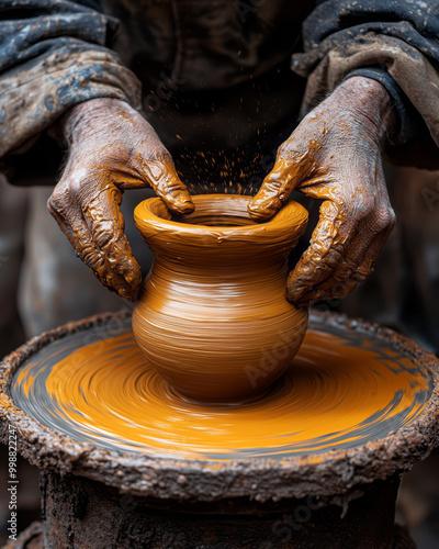 A potterâ€™s hands working with clay on a spinning wheel, photo