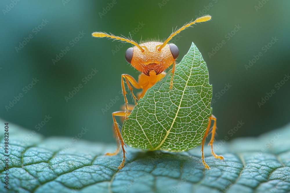 Naklejka premium Detailed macro shot of an ant carrying a leaf,