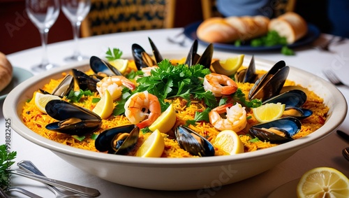 A seafood paella brimming with mussels and shrimp, enriched with saffron rice, a classic Mediterranean food photo