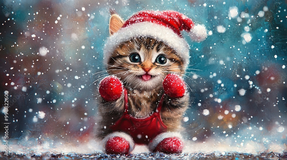 A cute kitten in Santa attire with a red ball, sitting on a snowy background A cute kitten in Santa attire with a red ball, sitting on a snowy background