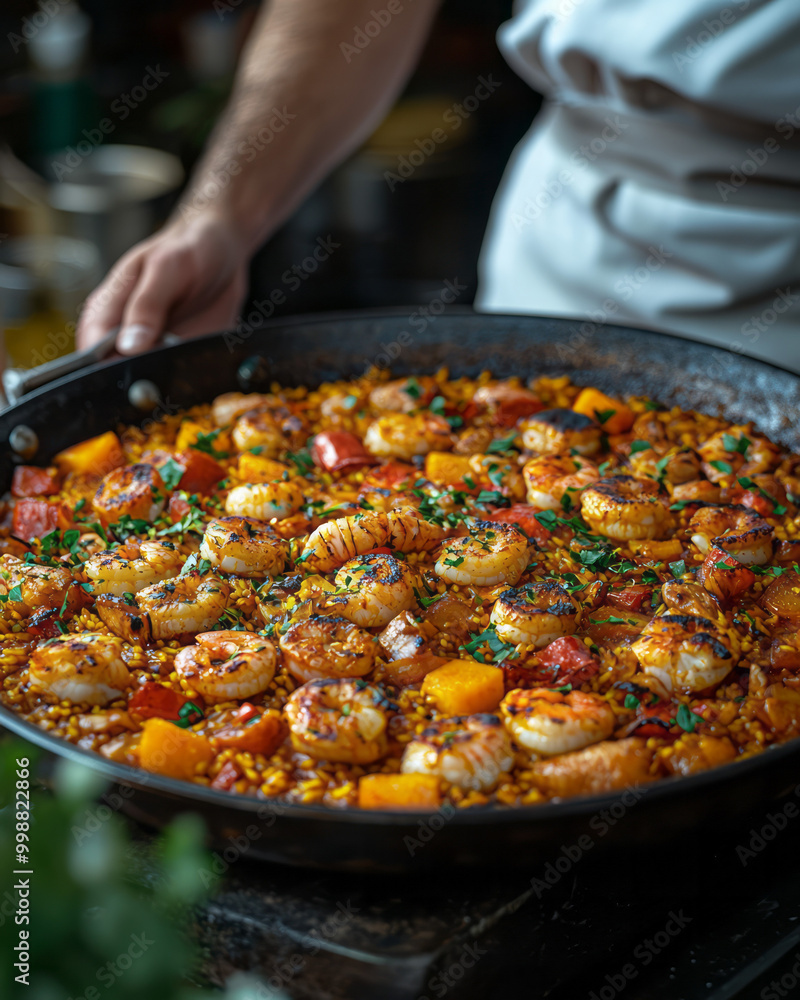 A chef preparing Spanish paella in a large pan, with seafood, saffron, A chef preparing Spanish paella in a large pan, with seafood, saffron,