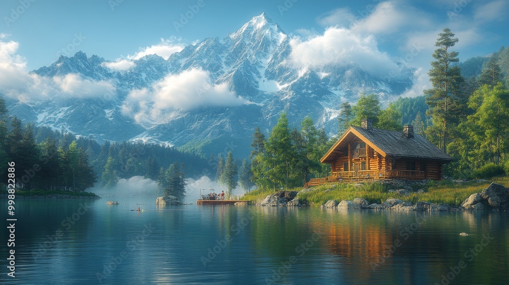 Naklejka premium Cabin by the Lake in a Mountain Valley